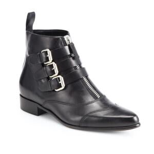 Tabitha Simmons Black Leather Early Ankle Boots Sz 38 US 7.5 Triple Buckle Zip